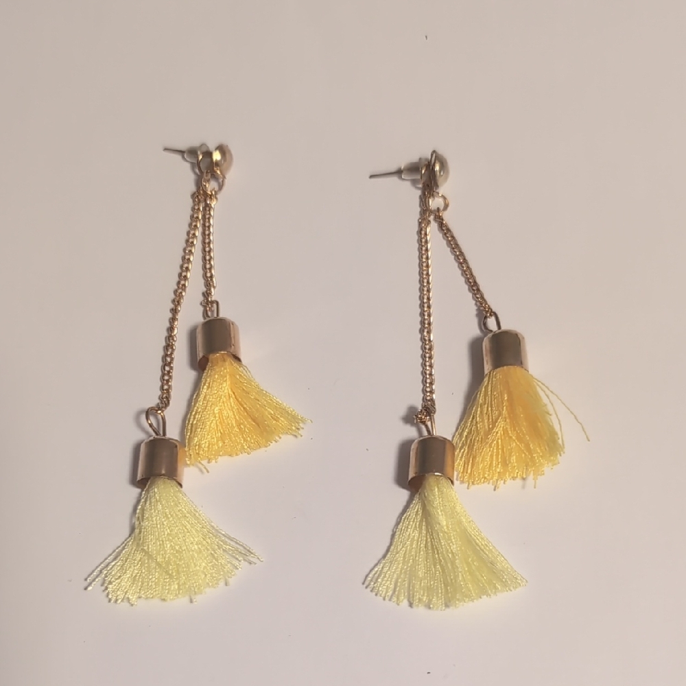 Gold and Two Tone Yellow Dangle Earrings with Tassel Design